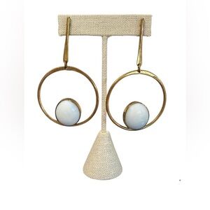 #756‎ Gold Tone Hoop Earrings with White Cabochon Accent
